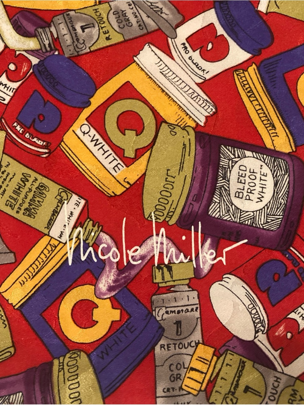 90’s NICOLE MILLER 100% Silk Artist Paint Print On Orange Red Background Scarf